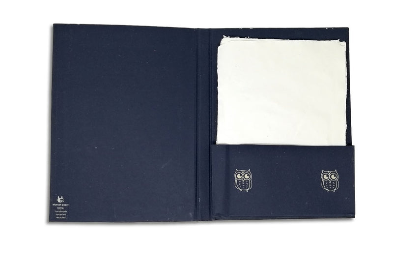 Flat File folder – navy blue handmade paper with beige owls