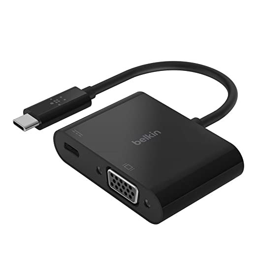 Belkin USB-C to VGA Adapter + Charge (Supports HD 1080p Video Resolution, 60W Pass-Through Power for Connected Devices) MacBook Pro VGA Adapter, Black  AVC001BTBK