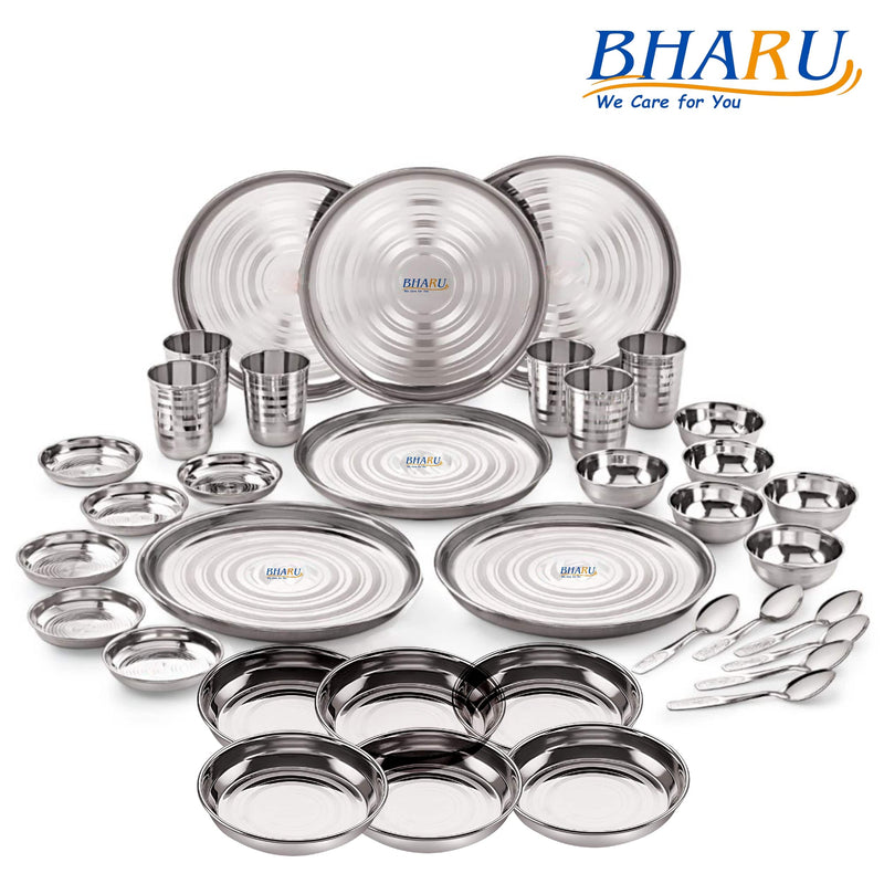 Bharu 36pcs Stainless Steel Dinner Set (6pc Plate, 6pc Bowl, 6pc Glass, 6pc Spoon, 6pc Halwa Plate & 6pc Nashta Plate)