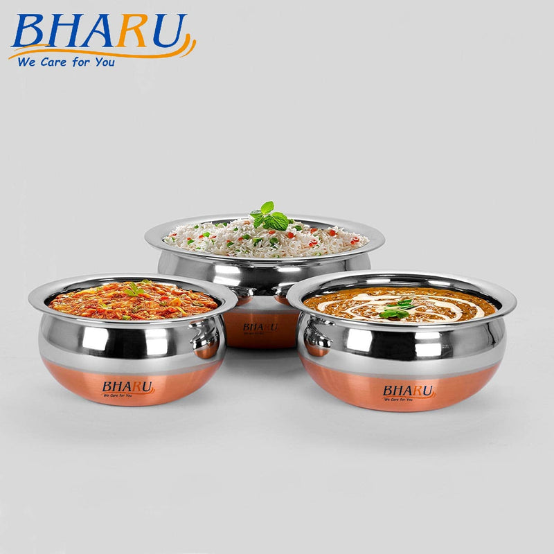 Bharu Premium 3pc Copper Bottom Handi Set (1500ml, 1000ml, 800ml)