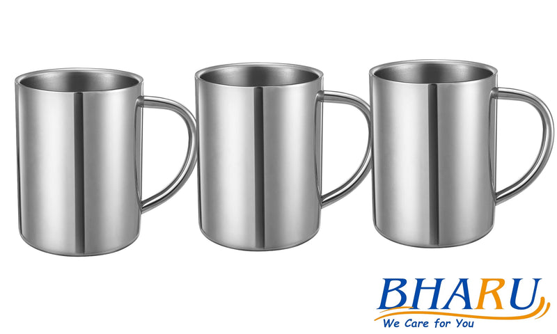 Bharu Premium Double Wall SS 250ml Coffee Mug (Pack Of 3)