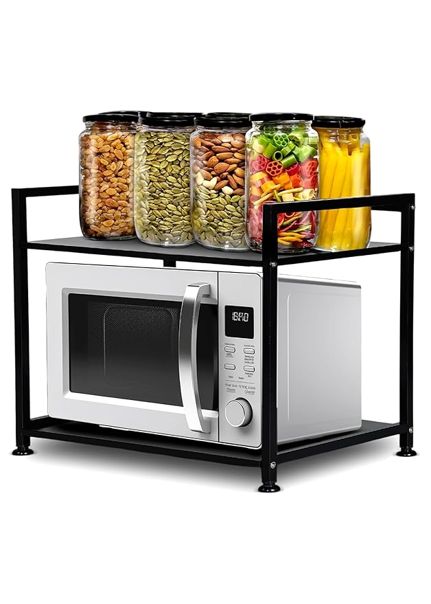 Bharu Metal Microwave Stand || Microwave & OTG Stand for Kitchen Counter|| Double Platform for Extra Storage with Hooks|| Kitchen Oven Rack
