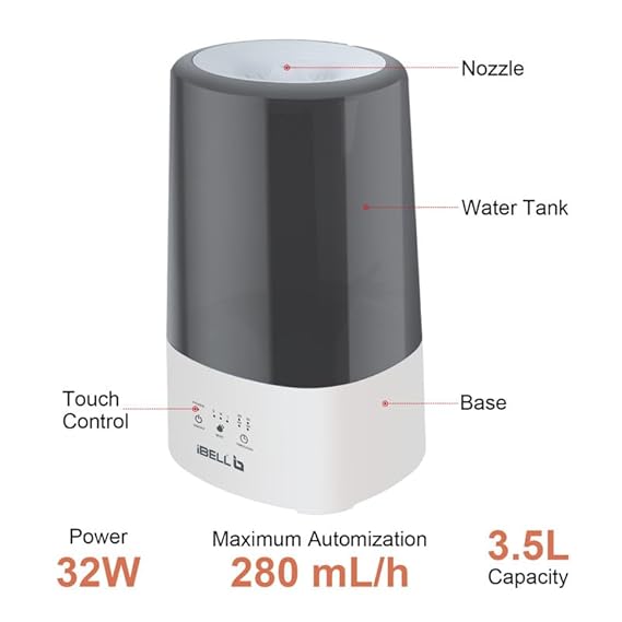 iBELL HU350P Humidifier for Room, 3.5L, Ultrasonic, Adjustable Mist Output, Super Quiet 360° Nozzle, Lasts up to 24 Hrs, Essential Oil Diffuser