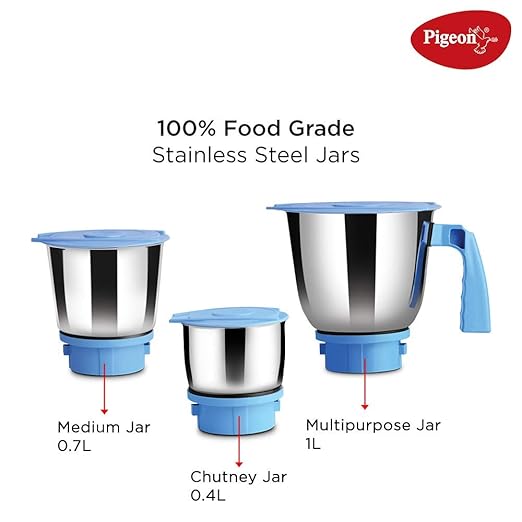 PIGEON Glory 550 Watt Mixer Grinder with 3 Stainless Steel Jars for Dry Grinding, Wet Grinding and Making Chutney, white