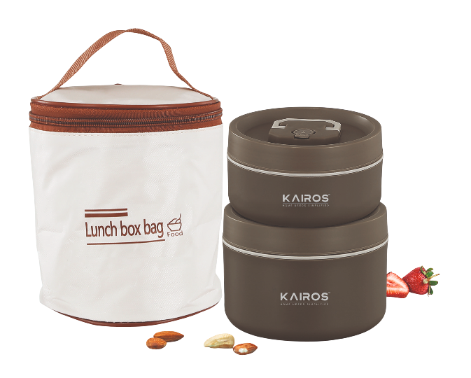 Kairos TRIPLE GUARD LUNCH BOX-2 ROUND TIFFIN BOXES WITH LID 1 INSULATED BAG
