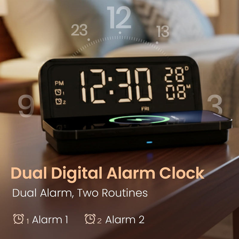 Portronics Freedom 4E 15W Wireless Charger With Dual Alarm Clock, Date Display, Soft Fabric Charging Pad, 3 Display Mode, iPhone 17/17 Air/17 Pro/17 Pro Max, 16/16 Plus/16 Pro/16 Pro Max, 15/14/13/12