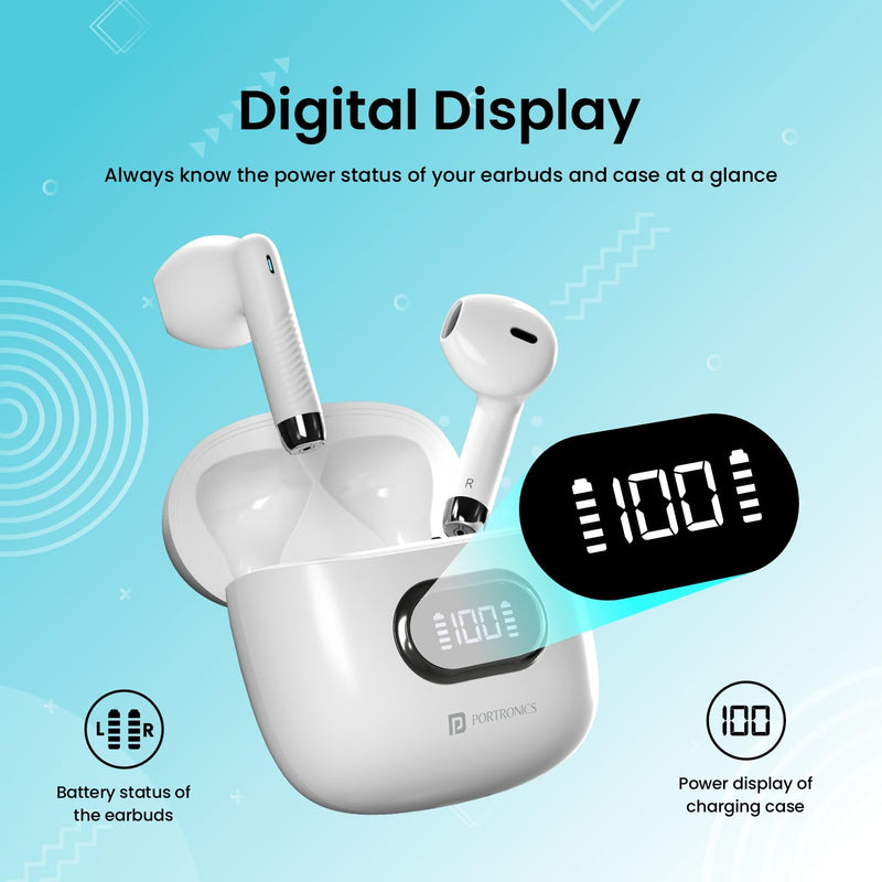 Portronics Harmonics Twins S9 True Wireless in Ear Earbuds with Upto 30H Playtime, Bluetooth v5.3, Digital Display, 13mm Drivers, Balanced Bass, IPX4 Splash Resistant(White)