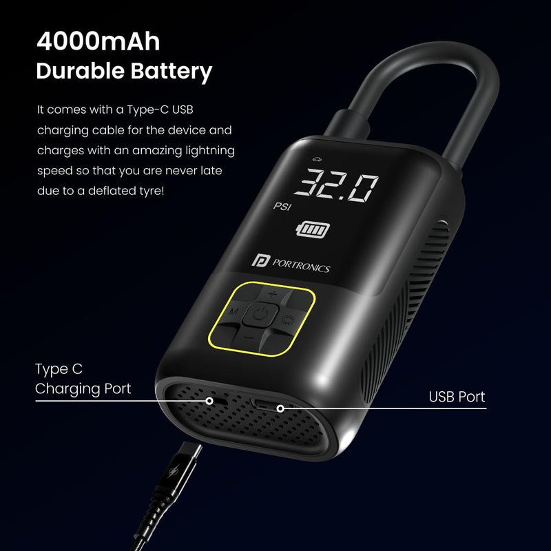 Portronics Vayu, 2-in-1 Tyre Inflator, Rechargeable & Corded Power, Preset Inflation Modes, Digital Display, Flashlight Torch with SOS, Auto Shut-Off, Multi-Purpose Use (Black)
