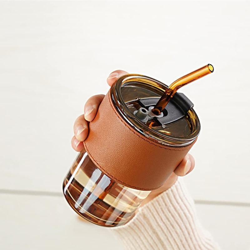 Generic Leather Grip Coffee Cup Sipper Glass with Straw Mug