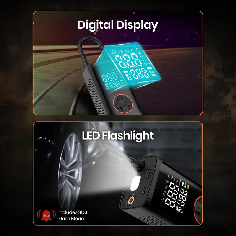 Portronics Vayu 7.0 Tyre Inflator, Full-Size Digital Display, 4000 mAh Battery, 150 PSI Pressure, Preset Modes, Flashlight with SOS, Pressure Detection, for Cars, Bikes, Bicycles & Balls(Black)