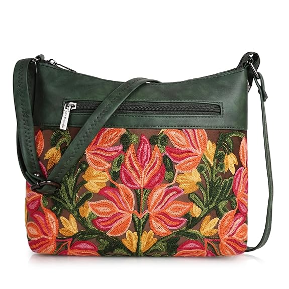 EVEDA Synthetic Leather Gorgeous Embroidered Stylish Design Shoulder Crossbody Side Sling Bag For Women Green
