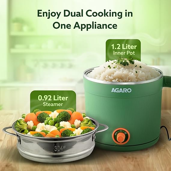 AGARO Regency Multi Cook Kettle With Steamer, 1.2L Inner Pot, 600W, Sea Green