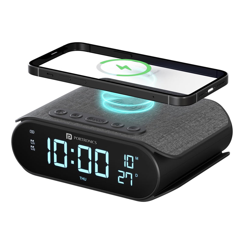 Portronics VoltClock 15W Wireless Charger for All Compatible Wireless Charging Smartphones, Digital Clock, 2 Alarm Setting with Snooze Button, Room Temperature Display,Wireless Fast Charging(Black)