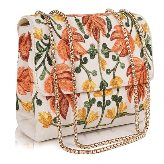 EVEDA Floral Embroidered Sling Bag with Gold Chain Straps