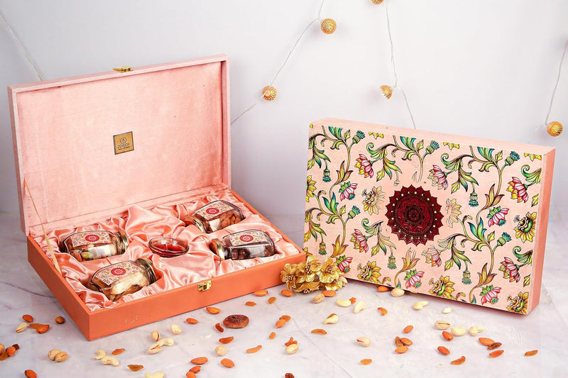 Wooden floral box of dry fruits and chocolates - 425 gms