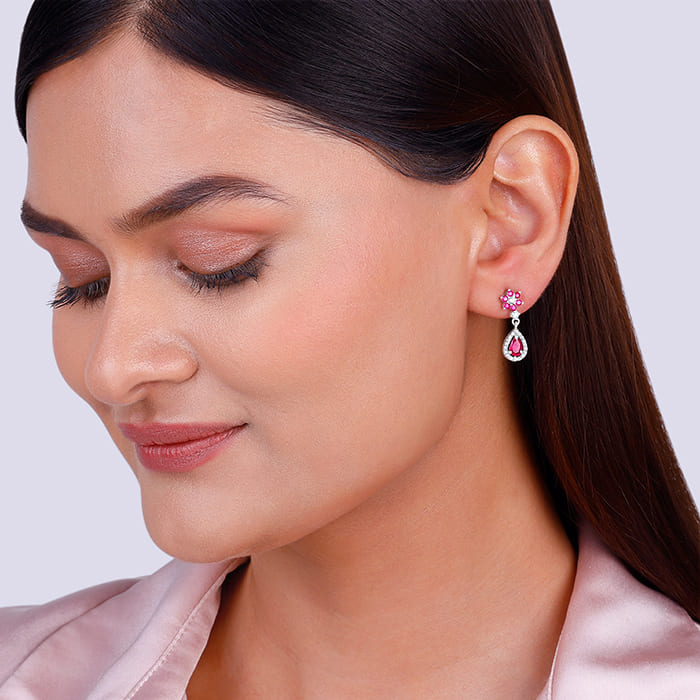 Silver Pink Flower Mini Drop Earrings