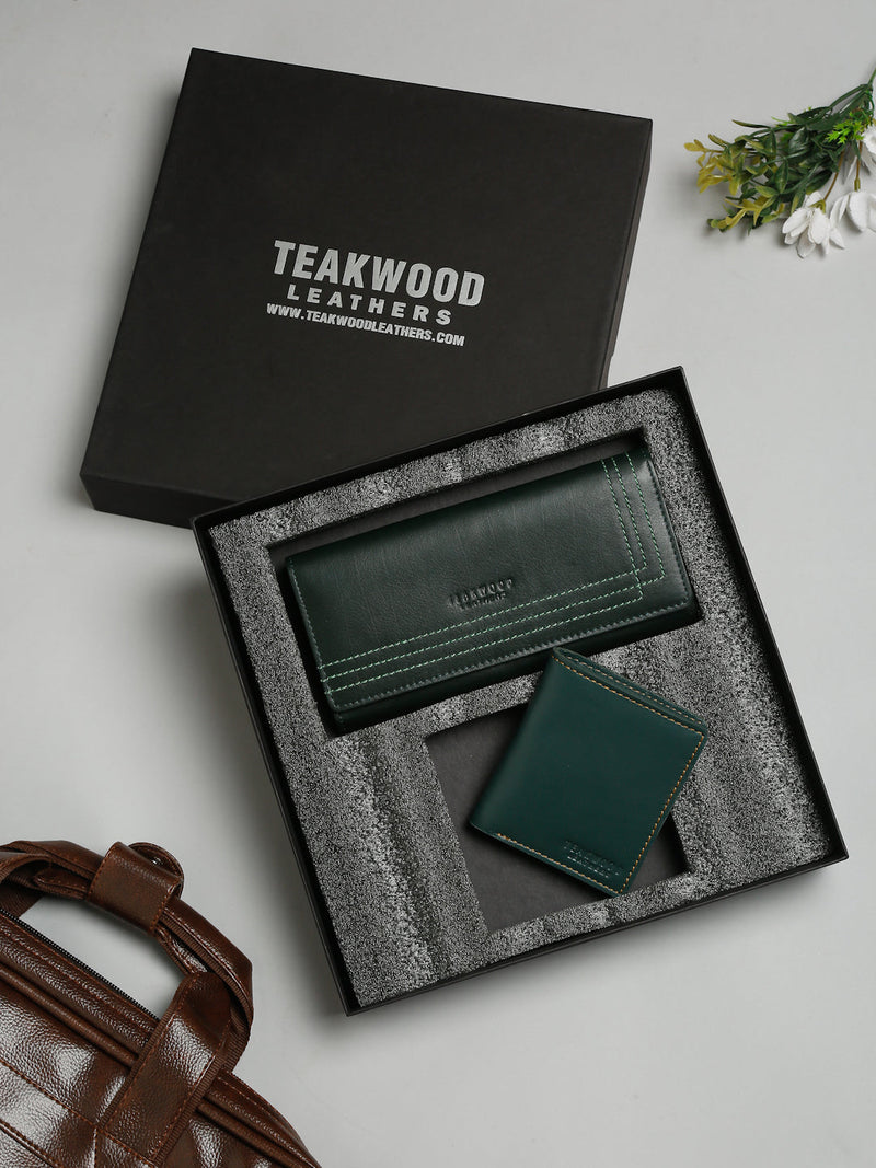 Unisex Green Solid Leather Accessory Gift Set