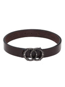 Teakwood Genuine Brown Leather Belt Round Shape Black Tone Buckle (One Size)