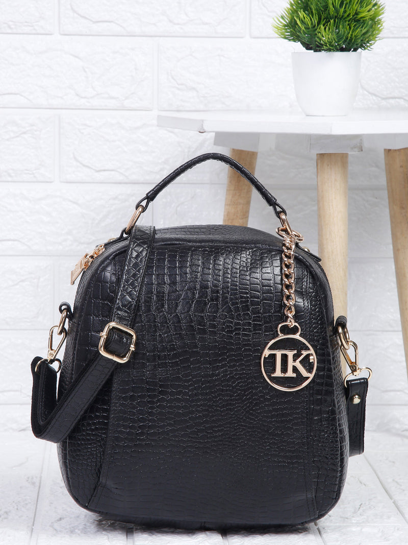 Leathers Solid Textured Backpack cum Side Bag (2 in 1) Black