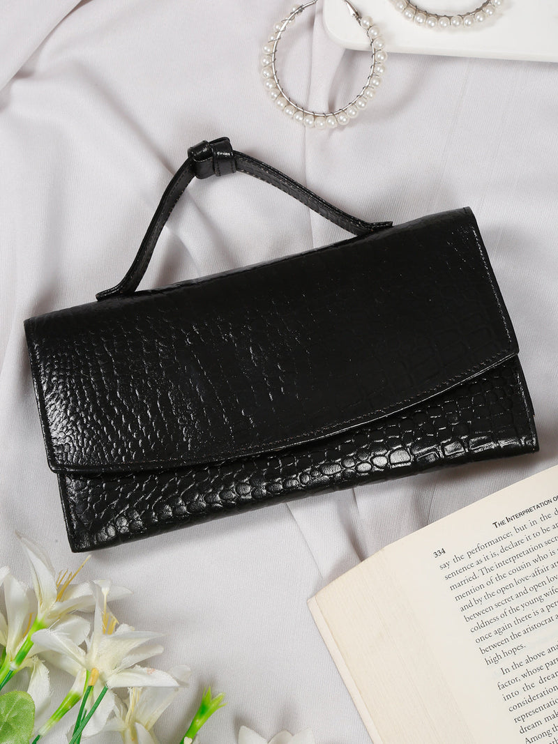 Croco Texture Black Women's Two Fold Wallet