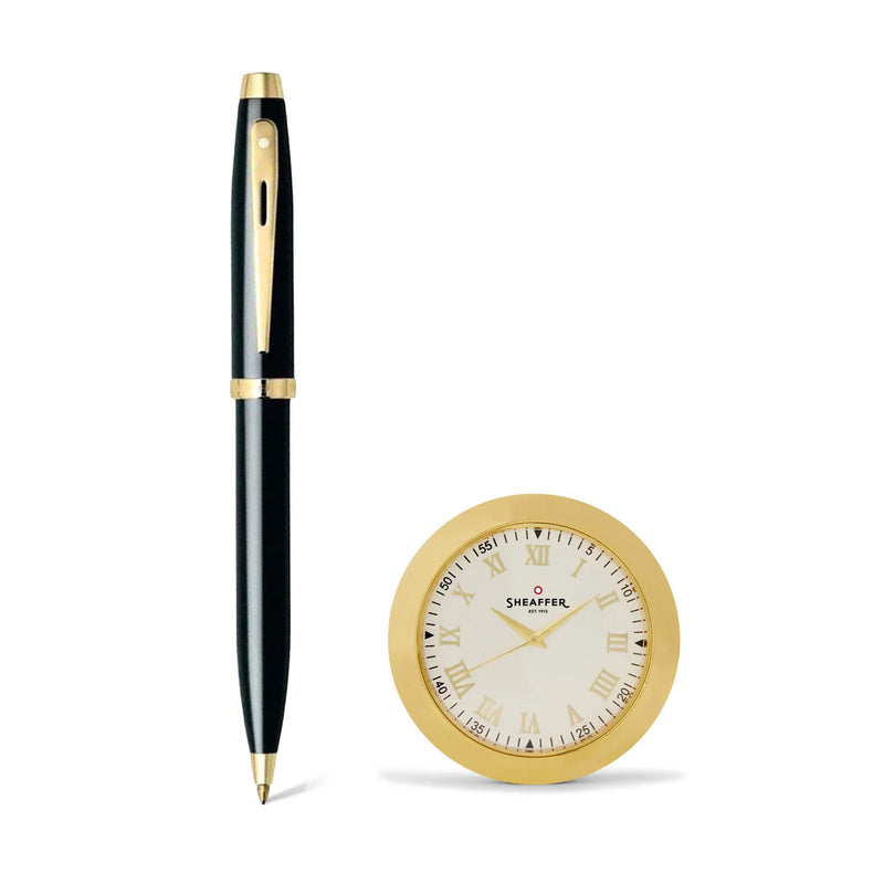 GIFTSET SHEAFFER 100 G9322 GLOSSY BLACK WITH GOLD TONE TRIM BP WITH GOLDWITH TABLE CLOCK