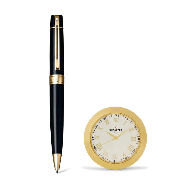 GIFTSET SHEAFFER 300 G9325 GLOSSY BLACK WITH GOLD TONE TRIM BP WITH GOLDWITH TABLE CLOCK