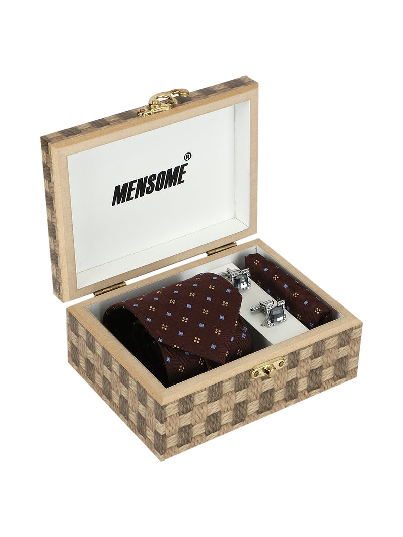 Men's Microfibre Neck Tie Gift Set with Necktie , Pocket Square  and  Cufflinks in Wooden Box