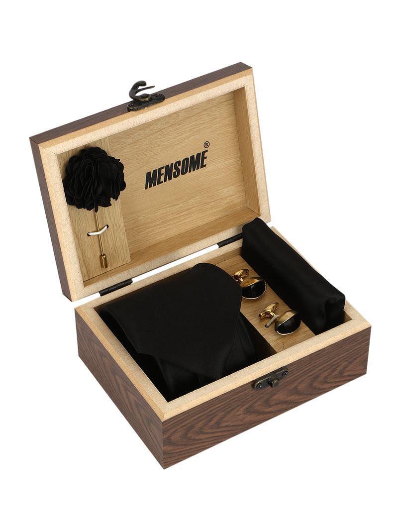 Men's Microfibre Neck Tie Gift Set with Necktie , Pocket Square , Lapel Pin and  Cufflinks in Wooden Box