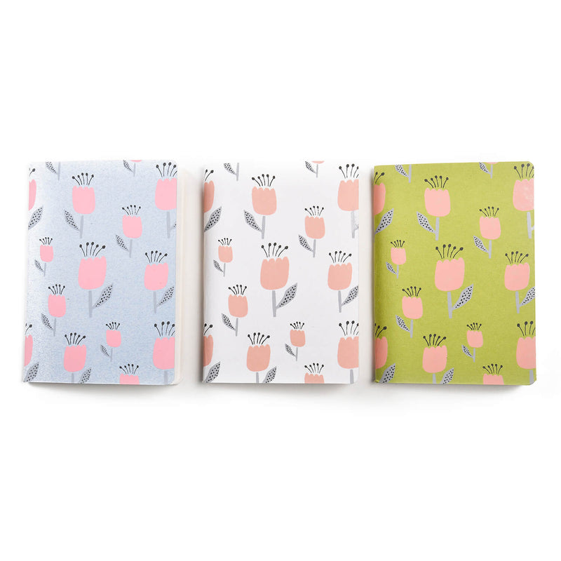 Handprinted Stationery – A6 Floral Notebooks (Pack of 3) Handmade Notebooks with Plain, Dots and Grid pages