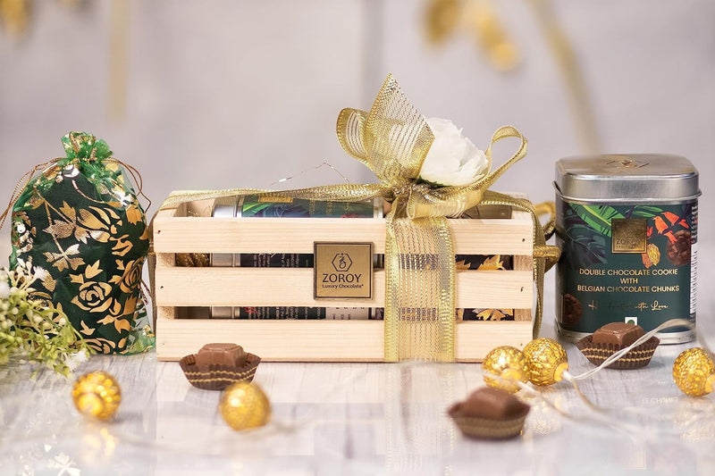 Pine Wooden Gift Hamper With Assorted Chocolates & Cookies Combo Box