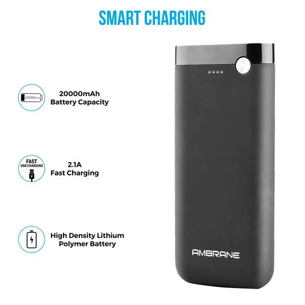 Ambrane-PP-20 20000 mAh Li-Polymer Powerbank with Dual Micro/ Type-C Input Fast Charging for Smartphone