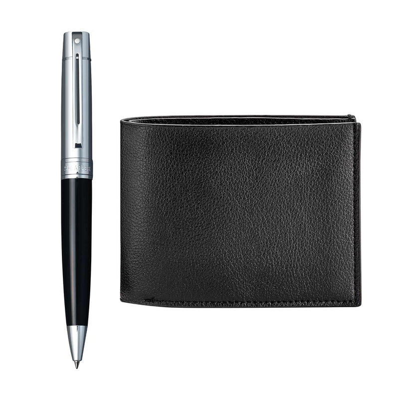 Sheaffer 9314 Gift 300 Ballpoint Pen – Glossy Black Barrel Chrome Cap With Chrome Plated Trim And Slim Wallet