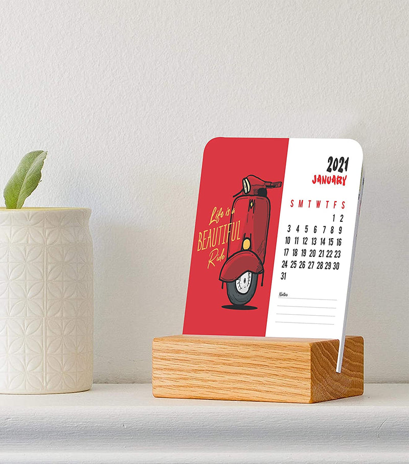 Mini Calendar 2021 with Wooden Stand, Desk Calendar