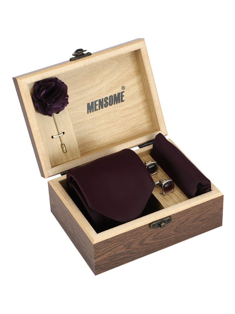 Men's Microfibre Neck Tie Gift Set with Necktie , Pocket Square , Lapel Pin and  Cufflinks in Wooden Box