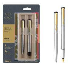 Paker vector stainless steel ball pen and fauntain pan with gold trim