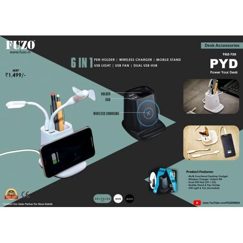 PYD-Fuzo USB Hub with light, Fan, Pen holder ,wireless Charger, Mobile stand